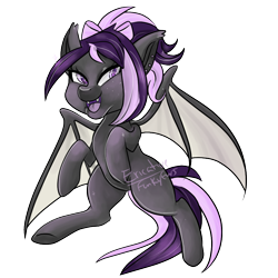 Size: 900x900 | Tagged: safe, artist:erieillustrates, oc, oc only, oc:nightwalker, bat pony, bat pony oc, bow, ear piercing, fangs, female, hair bow, looking at you, open mouth, open smile, piercing, signature, simple background, smiling, solo, spread wings, transparent background, wings