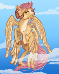 Size: 1200x1500 | Tagged: safe, artist:erieillustrates, oc, oc only, original species, 2020, 4 wings, cloud, flying, horns, lidded eyes, looking at you, ponysona, signature, smiling, solo, tail, unshorn fetlocks, wings