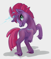 Size: 899x1050 | Tagged: safe, artist:erieillustrates, fizzlepop berrytwist, tempest shadow, pony, unicorn, g4, 30 minute art challenge, broken horn, electricity, female, horn, magic, mare, rearing, signature, simple background, smiling, solo, tail, unshorn fetlocks, white background