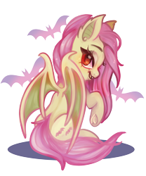 Size: 1500x1800 | Tagged: safe, artist:erieillustrates, fluttershy, bat, bat pony, g4, bat ponified, fangs, female, flutterbat, lidded eyes, looking at you, looking back, looking back at you, mare, race swap, raised hoof, rear view, signature, simple background, sitting, smiling, solo, spread wings, tail, transparent background, underhoof, wings