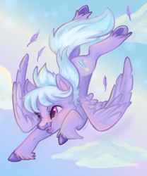 Size: 1500x1800 | Tagged: safe, artist:erieillustrates, cloudchaser, pegasus, pony, g4, cloud, feather, female, flying, mare, open mouth, open smile, signature, sky, smiling, solo, spread wings, underhoof, unshorn fetlocks, wings
