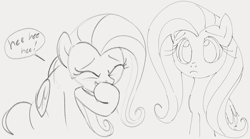 Size: 1245x691 | Tagged: safe, artist:dotkwa, fluttershy, pegasus, pony, g4, cute, eyes closed, female, frown, gray background, grayscale, laughing, mare, monochrome, shyabetes, simple background, sketch, smiling, solo