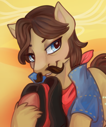 Size: 1500x1800 | Tagged: safe, artist:erieillustrates, sheriff silverstar, earth pony, pony, g4, clothes, facial hair, hat, lidded eyes, male, moustache, raised hoof, scarf, signature, smiling, solo, stallion, tail, unshorn fetlocks, vest