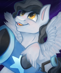Size: 1500x1800 | Tagged: safe, artist:erieillustrates, mercury, starry eyes (character), pegasus, pony, g4, looking up, male, open mouth, open smile, shooting star, smiling, solo, spread wings, stallion, stargazing, stars, telescope, unshorn fetlocks, wings