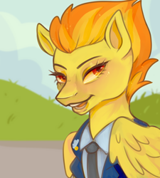 Size: 1800x2000 | Tagged: safe, artist:erieillustrates, spitfire, pegasus, pony, g4, clothes, female, folded wings, lidded eyes, looking at you, mare, necktie, open mouth, outdoors, solo, uniform, wings