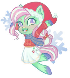 Size: 1800x2000 | Tagged: safe, artist:erieillustrates, minty, earth pony, semi-anthro, g3, arm hooves, christmas, clothes, cutie mark on clothes, dress, hat, heart, heart mark, holiday, open mouth, open smile, raised hooves, santa hat, scarf, simple background, smiling, snow, snowflake, solo, tail, transparent background, unshorn fetlocks