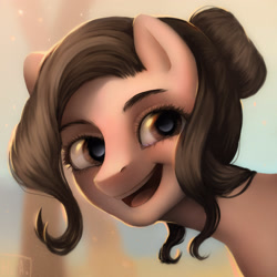 Size: 3000x3000 | Tagged: safe, artist:prisethesun, oc, oc only, oc:lewdielewd, earth pony, pony, bust, female, hair bun, high res, mare, profile, smiling, solo, teeth