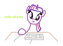 Size: 341x248 | Tagged: safe, artist:purblehoers, twilight sparkle, pony, unicorn, g4, computer mouse, keyboard, looking at you, ms paint, simple background, smiling, solo, unicorn twilight, white background