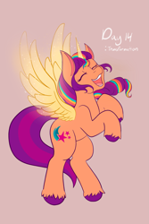 Size: 1365x2048 | Tagged: safe, artist:mscolorsplash, sunny starscout, alicorn, earth pony, pony, g5, artificial horn, artificial wings, augmented, cute, eyes closed, female, glowing, glowing horn, glowing wings, horn, magic, magic horn, magic wings, mane stripe sunny, mare, open mouth, open smile, ponytober, race swap, rearing, red background, round belly, simple background, smiling, solo, sunnybetes, sunnycorn, unshorn fetlocks, wings