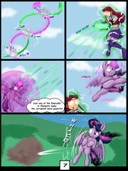 Size: 6000x8000 | Tagged: safe, artist:chedx, twilight sparkle, alicorn, pony, comic:learning with pibby glitch battles, g4, boots, clothes, comic, commission, community related, corrupted, crossover, dc comics, fight, laser, miniskirt, multiverse, shoes, skirt, starfire, teen titans, teleportation, thigh boots, twilight sparkle (alicorn)