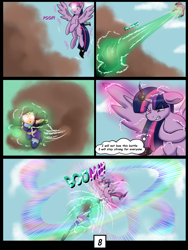 Size: 6000x8000 | Tagged: safe, artist:chedx, twilight sparkle, alicorn, pony, comic:learning with pibby glitch battles, g4, boots, clothes, comic, commission, community related, corrupted, crossover, dc comics, explosion, fight, miniskirt, multiverse, shoes, skirt, starfire, teen titans, thigh boots, twilight sparkle (alicorn)