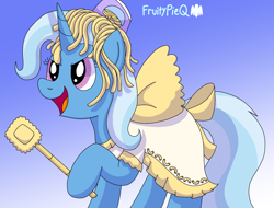 Size: 1424x1080 | Tagged: safe, artist:fruiitypieq, trixie, pony, unicorn, g4, clothes, costume, female, food, gradient background, mare, noodles, solo