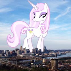 Size: 640x640 | Tagged: safe, anonymous editor, artist:90sigma, edit, fleur-de-lis, pony, unicorn, g4, cincinnati, eyeshadow, female, giant pony, giantess, highrise ponies, irl, lidded eyes, looking at you, macro, makeup, mare, ohio, photo, ponies in real life, smiling, solo, story included