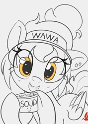 Size: 848x1200 | Tagged: safe, artist:pabbley, oc, oc only, oc:wah wah, pegasus, pony, eye clipping through hair, female, food, gray background, grayscale, hoof hold, looking at you, mare, monochrome, open mouth, open smile, partial color, simple background, smiling, smiling at you, solo, soup, wawa