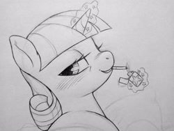 Size: 4096x3072 | Tagged: safe, artist:public mistake, twilight velvet, pony, unicorn, g4, bedroom eyes, blush lines, blushing, cigarette, female, glowing, glowing horn, grayscale, grin, horn, levitation, lighter, looking back, magic, mare, monochrome, pencil drawing, smiling, smoking, solo, telekinesis, traditional art, wip