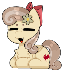 Size: 1165x1319 | Tagged: safe, artist:circusartt, oc, oc only, oc:dandelion "buttercup", pegasus, pony, bow, chest fluff, chibi, eyes closed, flower, flower in hair, hair bow, lying down, open mouth, ponyloaf, prone, simple background, solo, transparent background