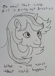 Size: 1509x2089 | Tagged: safe, artist:pony quarantine, twilight, pony, unicorn, g1, bust, dialogue, female, grayscale, looking up, mare, monochrome, smiling, solo, traditional art