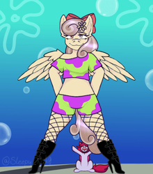 Size: 500x567 | Tagged: safe, artist:sleepy_nik0, oc, oc only, oc:dandelion "buttercup", pegasus, pony, anthro, bow, clothes, fishnet stockings, flower, flower in hair, glass eye, hair bow, heterochromia, high heels, hooves on hips, shoes, size difference, solo focus, spongebob squarepants, the spongebob squarepants movie