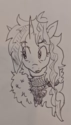 Size: 932x1638 | Tagged: safe, artist:pony quarantine, oc, oc only, oc:okie dokey loki, pony, unicorn, bust, eye clipping through hair, eyebrows, eyebrows visible through hair, female, grayscale, looking offscreen, magical lesbian spawn, mare, monochrome, offspring, older, parent:oc:dyx, parent:oc:filly anon, parents:oc x oc, solo, traditional art, unusual pupils