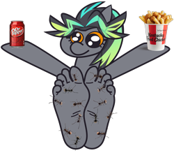 Size: 2835x2480 | Tagged: safe, artist:threetwotwo32232, derpibooru exclusive, oc, oc only, oc:cool time, pegasus, anthro, ants, chips, dr pepper, feet, female, fetish, food, foot fetish, foot focus, high res, kfc, mare, simple background, solo, transparent background