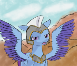 Size: 2900x2522 | Tagged: safe, anonymous artist, derpibooru exclusive, zoom zephyrwing, pegasus, pony, g5, different art style, female, guardsmare, helmet, high res, looking at you, mare, open mouth, pegasus royal guard, royal guard, solo, spread wings, wings