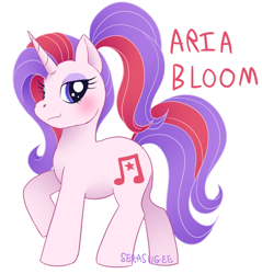 Size: 1414x1478 | Tagged: safe, artist:serasugee, oc, oc only, pony, unicorn, eyeshadow, long hair, makeup, music notes, pink fur, ponytail, simple background, smug, solo, white background