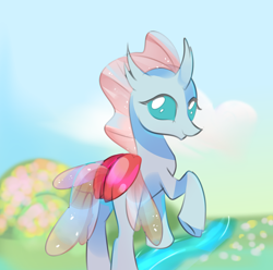 Size: 1936x1923 | Tagged: artist needed, safe, derpibooru exclusive, ocellus, changedling, changeling, g4, butt, cloud, cute, diaocelles, drifting, female, graceful, looking at you, ocellass, plot, river, sky, smiling, smiling at you, solo, spring, stream, water