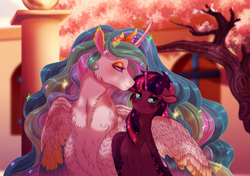 Size: 2031x1426 | Tagged: oc name needed, safe, artist:silverwolf866, princess celestia, oc, alicorn, pony, g4, alicorn oc, blushing, canon x oc, chest fluff, commission, duo, duo female, eye scar, eyeshadow, facial scar, female, floppy ears, height difference, horn, hug, larger female, lesbian, makeup, mare, not twilight sparkle, scar, shipping, size difference, smaller female, winghug, wings, ych result