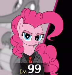 Size: 1954x2048 | Tagged: safe, artist:legendoflink, gummy, pinkie pie, alligator, earth pony, pony, g4, bodyguard, clothes, female, frown, looking at you, mare, necktie, pinktober, staring at you, suit