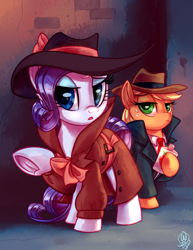 Size: 2550x3300 | Tagged: safe, artist:whitediamonds, applejack, rarity, earth pony, pony, unicorn, g4, applejack's hat, clothes, coat, commission, cowboy hat, detective, detective rarity, duo, duo female, fedora, female, flask, freckles, frog (hoof), hat, high res, hoof hold, mare, necktie, open mouth, raised hoof, shadow spade, signature, trenchcoat, underhoof