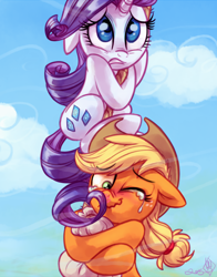 Size: 3300x4200 | Tagged: safe, artist:whitediamonds, applejack, rarity, earth pony, pony, unicorn, rarijack daily, g4, applejack's hat, blushing, cowboy hat, crying, duo, duo female, eyebrows, eyebrows visible through hair, female, floppy ears, freckles, gritted teeth, hat, high res, horn, laughing, lesbian, mare, one eye closed, pre sneeze, rope, ship:rarijack, shipping, signature, sneezing, tail, tears of laughter, teeth, this will end in tears, tickling, wavy mouth