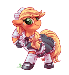 Size: 3100x3400 | Tagged: safe, artist:whitediamonds, applejack, earth pony, pony, g4, blushing, clothes, commission, cute, dress, embarrassed, female, floppy ears, freckles, high res, jackabetes, looking at you, maid, maidjack, mare, mary janes, puffy sleeves, raised hoof, shoes, signature, simple background, skirt, smiling, socks, solo, stockings, sweat, sweatdrop, white background