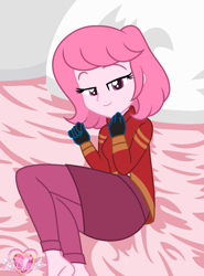 Size: 1192x1612 | Tagged: safe, artist:muhammad yunus, artist:yaya54320bases, oc, oc only, oc:annisa trihapsari, equestria girls, g4, bed, bedroom eyes, clothes, female, generator rex, gloves, jacket, looking at you, pants, pillow, rex salazar, skirt, smiling, smiling at you, solo