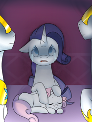 Size: 768x1024 | Tagged: safe, artist:secretlifeofrarity, rarity, sweetie belle, pony, unicorn, fanfic:the secret life of rarity, g4, caught, crying, duo, female, filly, foal, mare, purple mane, royal guard, sad, two toned mane, white fur