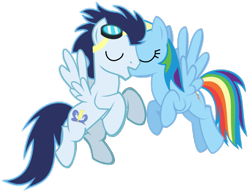 Size: 933x720 | Tagged: safe, anonymous artist, rainbow dash, soarin', pegasus, pony, g4, female, flying, kiss on the lips, kissing, male, mare, ship:soarindash, shipping, simple background, stallion, straight, transparent background