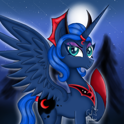 Size: 900x900 | Tagged: safe, artist:hyp3rsp4c3, idw, princess luna, alicorn, pony, g4, reflections, blue eyes, blue mane, blue tail, crepuscular rays, digital art, ethereal mane, ethereal tail, evil counterpart, evil luna, eyelashes, eyeshadow, feather, female, forest, hoof shoes, horn, looking at you, makeup, mare, mirror universe, moon, moonlight, night, peytral, raised hoof, signature, smiling, smiling at you, solo, spread wings, stars, tail, tree, wings