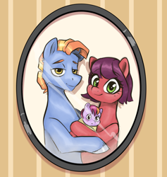 Size: 1280x1350 | Tagged: safe, artist:smirk, oc, oc only, oc:cherry sweets, oc:grenadine, oc:stone slag, family photo, father and child, father and daughter, female, foal, freckles, husband and wife, male, mother and child, mother and daughter, photo, swaddled baby, trio