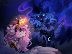 Size: 1440x1080 | Tagged: safe, artist:sweettsa1t, princess celestia, princess luna, alicorn, pony, g4, crying, dark magic, duo, ethereal mane, fangs, female, fight, glowing, glowing eyes, glowing horn, horn, jewelry, magic, mare, open mouth, pink-mane celestia, regalia, spread wings, wings