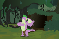 Size: 1417x939 | Tagged: safe, artist:alexeigribanov, artist:swiftgaiathebrony, spike, dragon, g4, adult, adult spike, cave, caveman, chest beating, chest pounding, eyes closed, forest, gigachad spike, grass, jungle, loincloth, muscles, mushroom, nature, older, older spike, prehistoric, solo, tarzan, tree, winged spike, wings