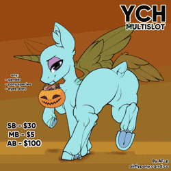 Size: 1200x1200 | Tagged: safe, artist:airfly-pony, pony, advertisement, animated, butt, claws, dock, ear fluff, ear tufts, fangs, featureless crotch, female, frog (hoof), halloween, holiday, lidded eyes, looking at you, looking back, looking back at you, male, multislot, muscles, plot, pumpkin, pumpkin bucket, raised hoof, smiling, solo, spread wings, tail, underhoof, wing claws, wings, ych sketch, your character here