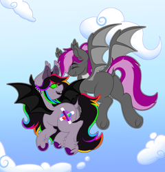 Size: 2300x2400 | Tagged: safe, artist:woofpoods, oc, oc:bitwise operator, oc:strobestress, bat pony, pegasus, pony, bat pony oc, best friends, blue sky, butt, cloud, dock, ear fluff, ear piercing, female, flying, gauges, glowstick, green eyes, high res, long tail, mare, piercing, platonic, plot, possessed, possession, sharp teeth, sky, smiling, spread wings, tail, teeth, underhoof, unshorn fetlocks, wings