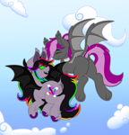 Size: 2300x2400 | Tagged: safe, artist:woofpoods, oc, oc:bitwise operator, oc:strobestress, bat pony, pegasus, pony, bat pony oc, best friends, blue sky, butt, cloud, dock, ear fluff, ear piercing, female, flying, gauges, glowstick, green eyes, high res, long tail, mare, piercing, platonic, plot, possessed, sharp teeth, sky, smiling, spread wings, tail, teeth, underhoof, unshorn fetlocks, wings