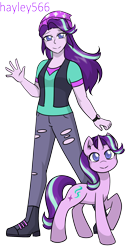 Size: 1420x2613 | Tagged: safe, artist:hayley566, kotobukiya, starlight glimmer, human, pony, unicorn, equestria girls, g4, beanie, boots, clothes, cute, duality, duo, female, glimmerbetes, hat, high heel boots, human ponidox, jeans, mare, pants, raised hoof, ripped jeans, ripped pants, self paradox, self ponidox, shirt, shoes, simple background, style emulation, t-shirt, teenager, torn clothes, transparent background, vest, watch, waving, wristwatch