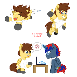 Size: 3800x3800 | Tagged: safe, artist:1mber_angul, oc, oc:craft motion, oc:vick, pegasus, pony, computer, flying, greeting, hand, high res, magic, sitting, talking