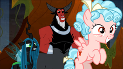 Size: 1333x751 | Tagged: safe, edit, edited screencap, screencap, cozy glow, lord tirek, queen chrysalis, centaur, changeling, changeling queen, pegasus, pony, frenemies (episode), g4, antagonist, duo female, female, filly, former queen chrysalis, male, mean three, nervous, nervous smile, smiling, trio