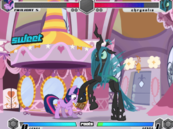 Size: 636x475 | Tagged: safe, queen chrysalis, twilight sparkle, changeling, changeling queen, pony, unicorn, fighting is magic, g4, carousel boutique, fixed, unicorn twilight, video game