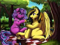 Size: 2975x2247 | Tagged: safe, artist:pridark, oc, oc only, pegasus, pony, unicorn, basket, duo, food, grass, high res, horn, pegasus oc, picnic basket, picnic blanket, sandwich, tree, unicorn oc