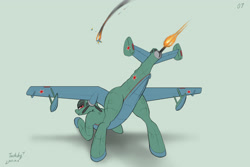 Size: 3000x2000 | Tagged: safe, artist:tucksky, original species, plane pony, be-6, beriev be-6, butt, face down ass up, fire, firing, high res, looking at you, looking back, looking back at you, plane, plot, shooting, signature, solo