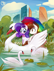 Size: 2821x3756 | Tagged: safe, artist:nevobaster, rarity, oc, oc:rml, bird, pegasus, pony, swan, unicorn, g4, blue sky, bow, bowtie, canon x oc, city, cloud, cute, duo, duo male and female, female, forest, high res, horn, lake, lilypad, male, mare, pegasus oc, shipping, skyscraper, stallion, straight, swan boat, umbrella, water