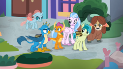Size: 1600x899 | Tagged: safe, screencap, gallus, ocellus, sandbar, silverstream, smolder, yona, changedling, changeling, classical hippogriff, dragon, earth pony, griffon, hippogriff, pony, yak, g4, what lies beneath, book, bow, cloven hooves, crossed arms, dragoness, female, hair bow, male, monkey swings, student six